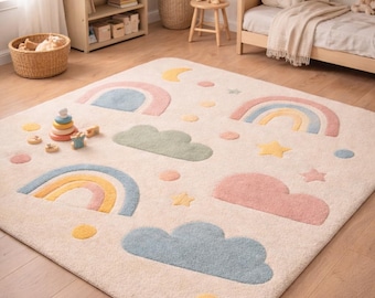 Hand Tufted Kids Nursery Wool Rug Rainbow Cloud Soft Area Carpet for Playroom Bedroom
