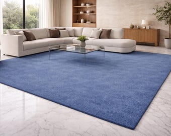 Hand Tufted Blue Wool Area Rug 6x9 8x10 , Modern Minimalist Living Room, Custom Size