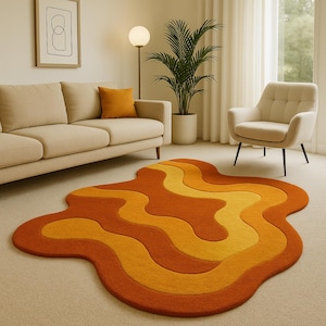 Burnt Orange Irregular Shaped Rug – Retro Hand Tufted Wool Carpet for Living Room, Bedroom & Entryway | 5x7 6x9 7x10