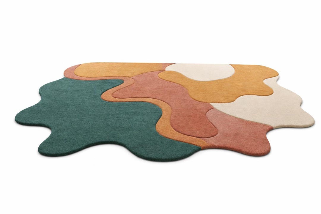 Hand Tufted Wool Rug | Green Beige Abstract Organic Shape for Living ...