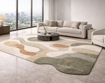 Hand Tufted Sage Green Abstract Wool Area Rug Organic Sculpted Luxury for Living Room