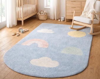 Handmade Cloud Rainbow Rug 6x9, Soft Wool Kids Playroom Bedroom Area Rug