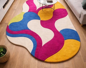 Hand Tufted Abstract Wool Rug, Retro Sculptural Irregular Shape Designer Carpet