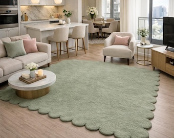 Hand Tufted Sage Green Scalloped Rug 8x10 | Wavy Edge Modern Minimalist Wool Area Carpet