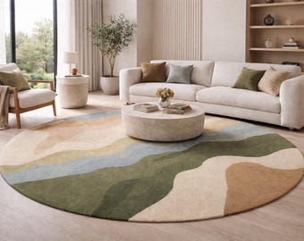 Hand Tufted Round Wool Rug Japandi Organic Abstract Sculpted Area Rug for Living Room
