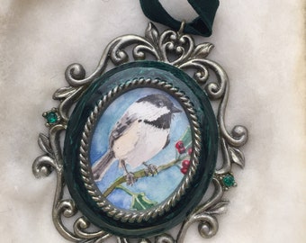 Hand-Painted Chickadee Holiday Ornament Original Painting Decorative Gift Frame Art