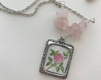 Rose Poesie Hand-Painted Miniature Pendant Necklace Original Painting Silver-plated with Rose Quartz