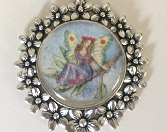 Hand-painted Fairy & Flowers Necklace Woodland Fantasy Round Pendant Original Miniature Painting