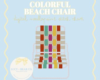 May include: A digital needlepoint stitch chart titled COLORFUL BEACH CHAIR. The design features a pixelated beach chair with vertical stripes in teal, magenta, yellow, and rust orange, set against a light blue background with a scalloped border.
