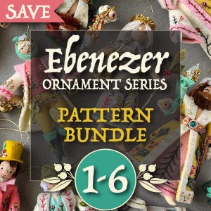 May include: A selection of handmade ornaments, with the text "Ebenezer Ornament Series Pattern Bundle 1-6." The ornaments are in various colours, including pink, yellow, and green, with intricate details and embellishments. The word "SAVE" is in the upper left corner.