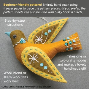 Snow Bird PDF pattern for a hand sewn wool felt ornament image 3