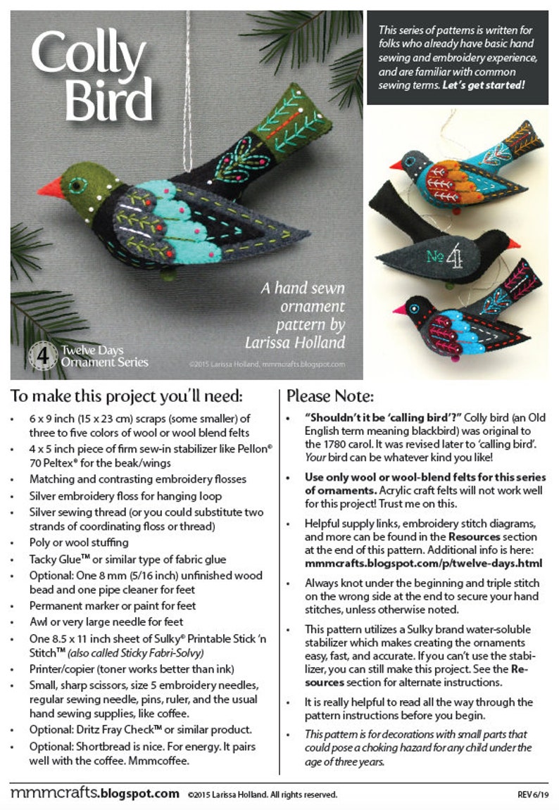 Colly Bird PDF pattern for a hand sewn wool felt ornament image 2