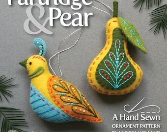 Partridge & Pear PDF pattern for a hand sewn wool felt ornament set