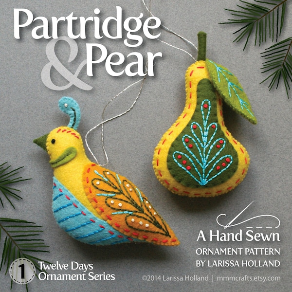 Partridge & Pear PDF pattern for a hand sewn wool felt ornament set