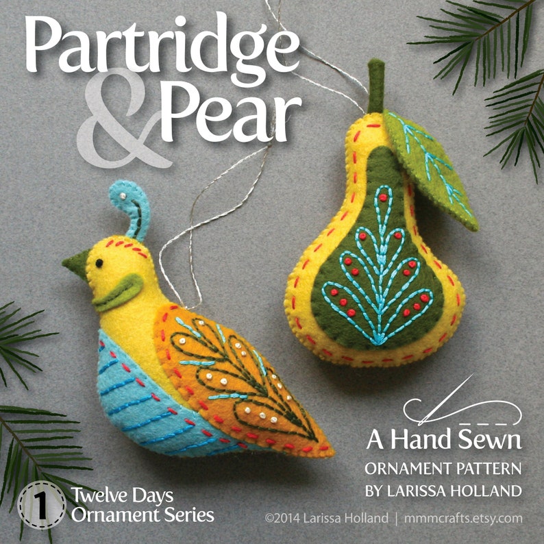 Partridge & Pear PDF pattern for a hand sewn wool felt ornament set image 1