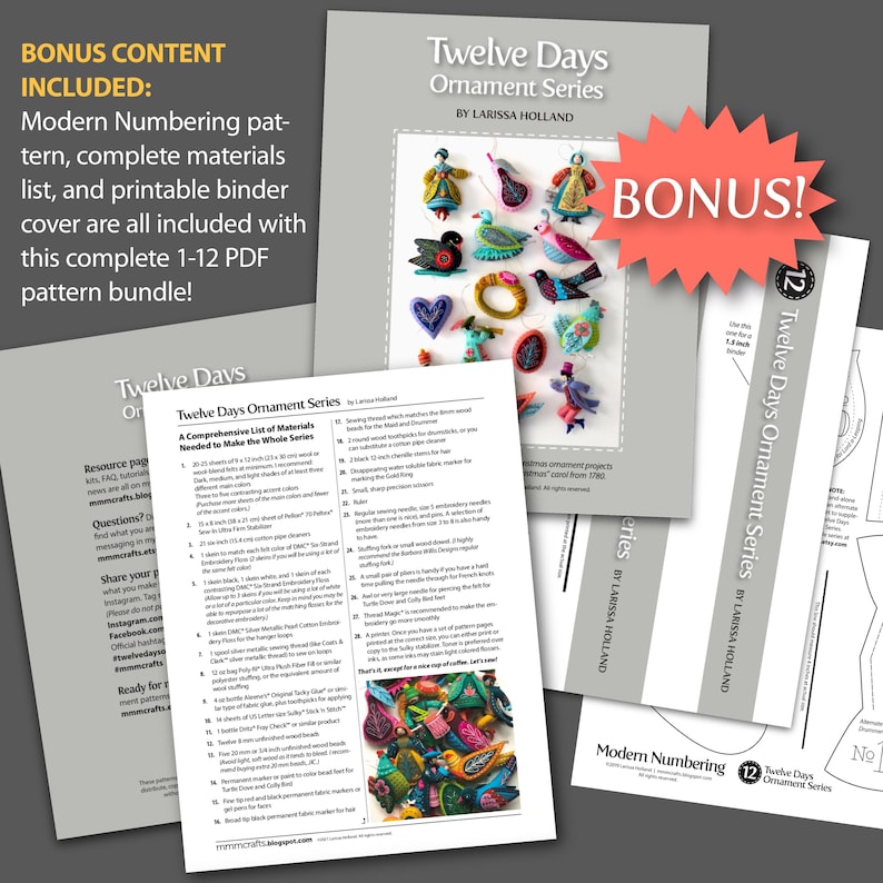 Twelve Days Series COMPLETE 1-12 PDF Pattern Bundle: A discounted set of hand sewn wool felt Christmas ornament patterns plus bonus content! image 3