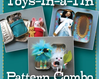 Toys-In-a-Tin PDF Pattern Combo for adorable miniature doll, mouse, and furry creature in a tin
