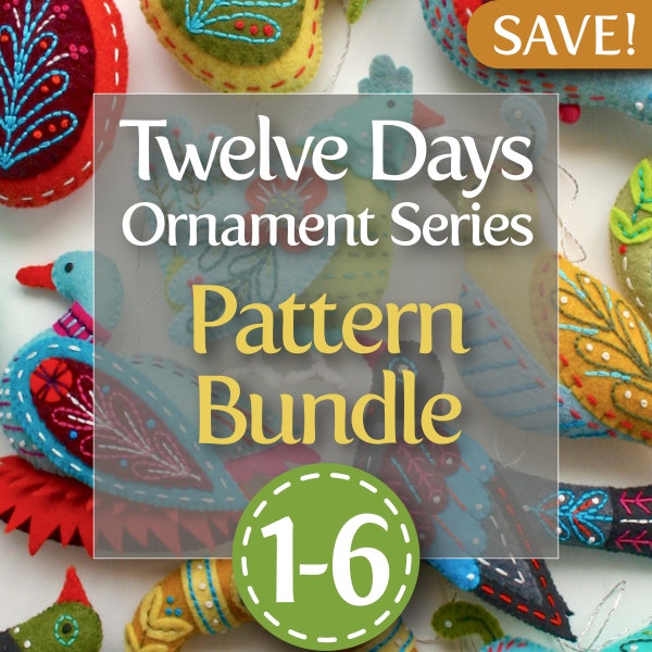 Twelve Days Series 1-6 PDF Pattern Bundle: Partridge & Pear, Turtle Dove, French Hen, Colly Bird, Gold Ring, and Goose a-Laying