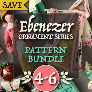 May include: A collection of handmade ornaments, featuring the text "Ebenezer Ornament Series Pattern Bundle." The ornaments are in various colors, including pink, yellow, and green, with intricate details and the number "4-6" in a circle.