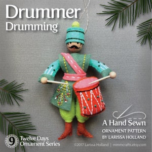 Drummer Drumming PDF pattern for a hand sewn wool felt Christmas ornament