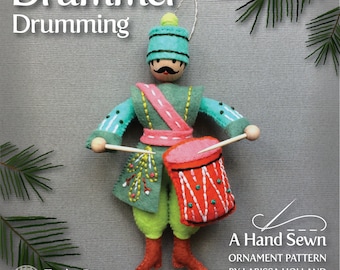 Drummer Drumming PDF pattern for a hand sewn wool felt ornament