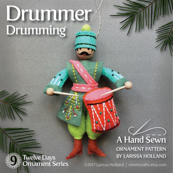 Drummer Drumming PDF pattern for a hand sewn wool felt ornament