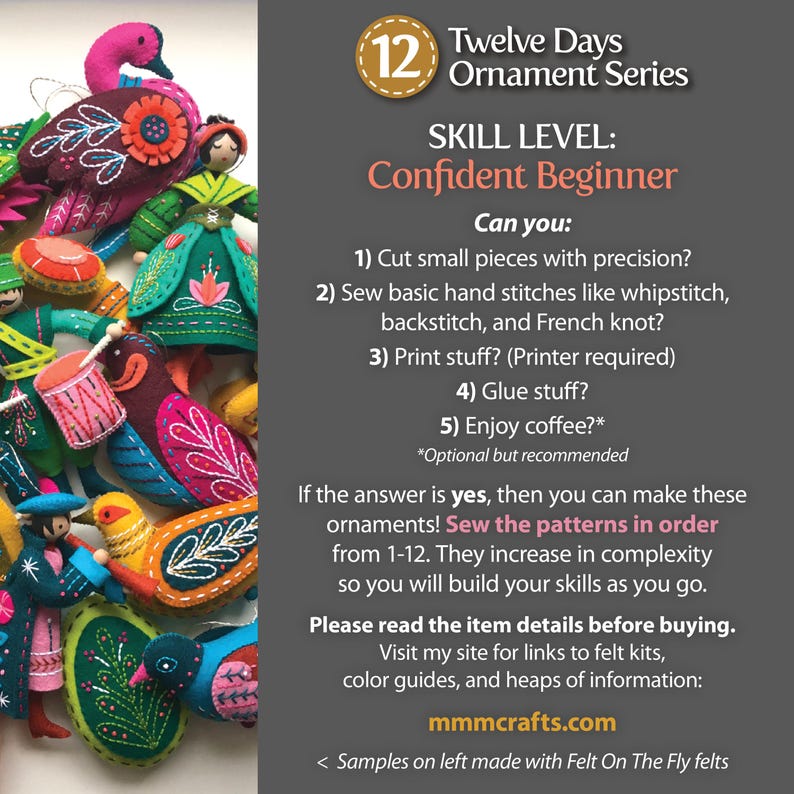 Twelve Days Series COMPLETE 1-12 PDF Pattern Bundle: A discounted set of hand sewn wool felt Christmas ornament patterns plus bonus content! image 7