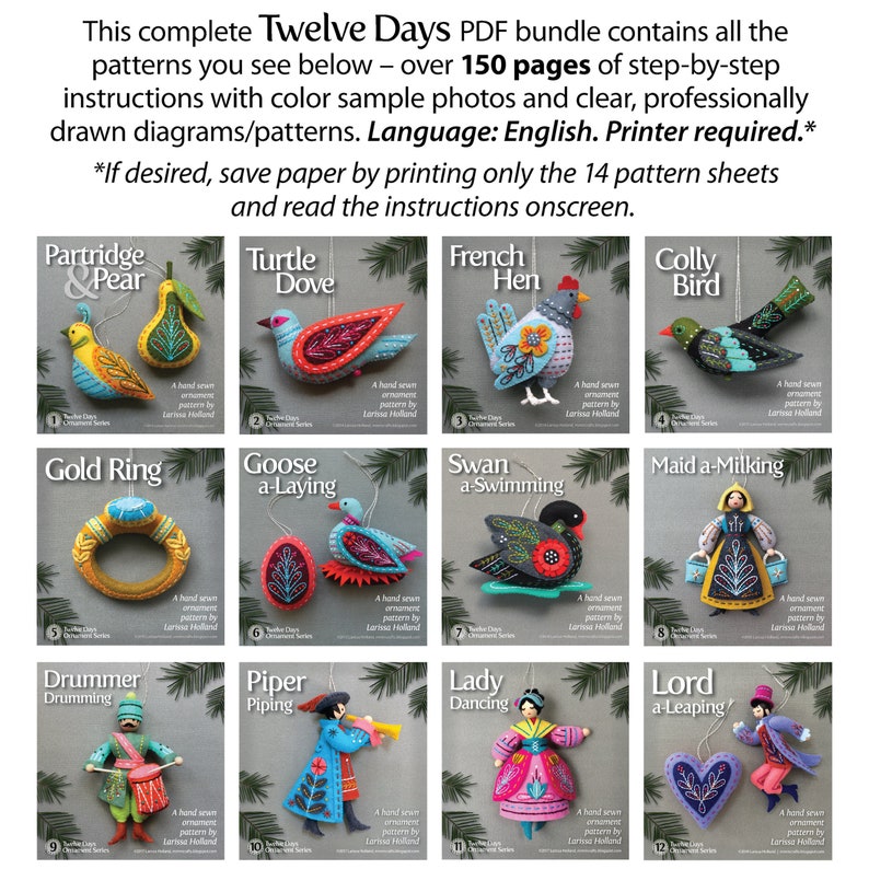 Twelve Days Series COMPLETE 1-12 PDF Pattern Bundle: A discounted set of hand sewn wool felt Christmas ornament patterns plus bonus content! image 2