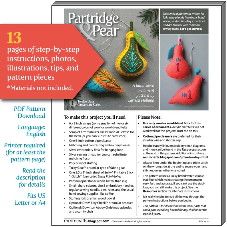 Partridge & Pear PDF pattern for a hand sewn wool felt ornament set image 2