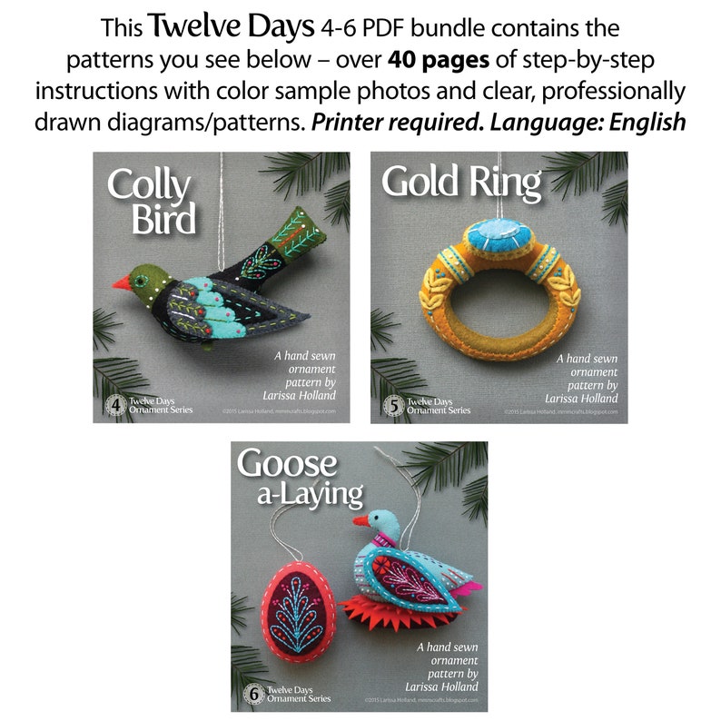 Twelve Days Series 4-6 PDF Pattern Bundle: Colly Bird, Gold Ring, and Goose a-Laying image 2