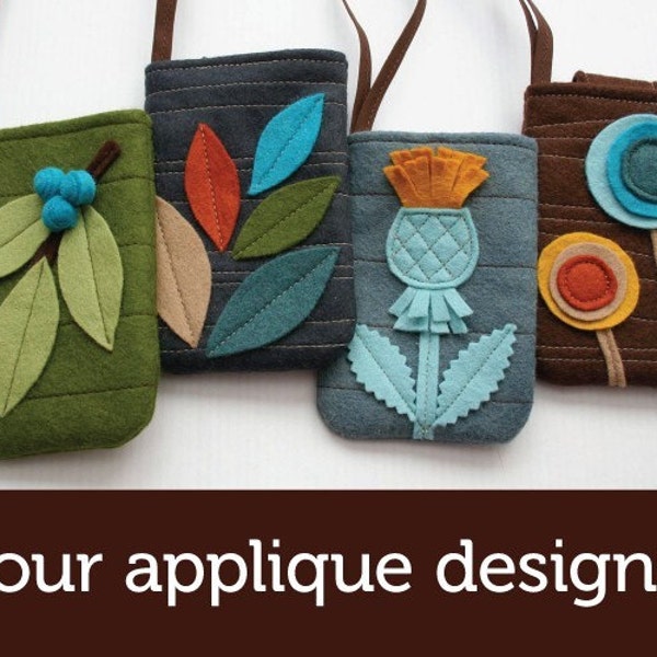 Felt Gadget Cosy PDF pattern avec quatre motifs appliqués