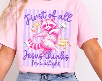 Delightful Christian Shirt: Gift For Her, Funny Religious Top, Preppy Striped Style, Raccoon Graphic T-Shirt