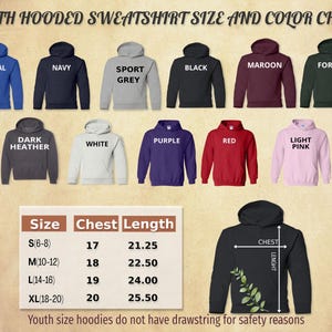 Op de afbeelding: Kleurenkaart voor hoodies voor kinderen. Kleuren zijn koningsblauw, marineblauw, sportgrijs, zwart, bordeauxrood, bosgroen, donkergrijs, wit, paars, rood en lichtroze. Maattabel met borst- en lengtematen in centimeters.