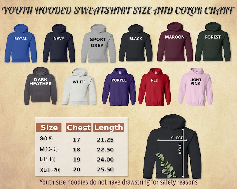 Op de afbeelding: Kleurenkaart voor hoodies voor kinderen. Kleuren zijn koningsblauw, marineblauw, sportgrijs, zwart, bordeauxrood, bosgroen, donkergrijs, wit, paars, rood en lichtroze. Maattabel met borst- en lengtematen in centimeters.