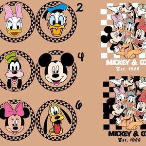 Puede incluir: Un conjunto de seis im&aacute;genes de personajes de dibujos animados coloridos, que incluyen Mickey Mouse, Minnie Mouse, Donald Duck, Goofy, Pluto y Daisy Duck. Las im&aacute;genes est&aacute;n dispuestas en una cuadr&iacute;cula con los n&uacute;meros del 1 al 6 que etiquetan cada imagen. El texto "MICKEY & CO Est. 1928" aparece dos veces debajo de las im&aacute;genes.