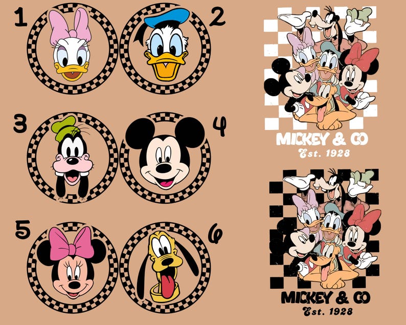 Puede incluir: Un conjunto de seis im&aacute;genes de personajes de dibujos animados coloridos, que incluyen Mickey Mouse, Minnie Mouse, Donald Duck, Goofy, Pluto y Daisy Duck. Las im&aacute;genes est&aacute;n dispuestas en una cuadr&iacute;cula con los n&uacute;meros del 1 al 6 que etiquetan cada imagen. El texto "MICKEY & CO Est. 1928" aparece dos veces debajo de las im&aacute;genes.