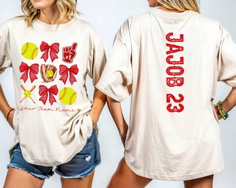 Comfort Colors® Custom Coquette Softball Shirt, Personalized Softball Gift,Softball Mom Shirt,Game Day Team Mom T Shirt with Kid Name number