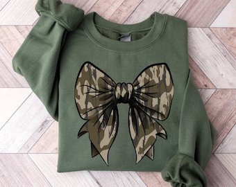 Camo Bow Sweatshirt, Camo Coquette Bow Sweatshirt,Camo Gift, Women's Camouflage Bow Sweatshirt,Duck Hunting Shirt,Old School Camo Sweatshirt
