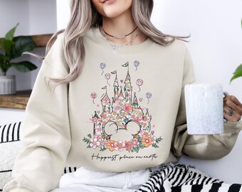 Disney Happiest Place on Earth Sweatshirt, Disneyland Castle Floral Sweatshirt, Magical World Sweatshirt, Disney World Sweat,Magical Kingdom