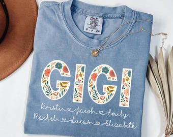 Comfort Colors® Personalized Gigi Shirt with Grandkids Names,Floral Gigi T-Shirt,Gigi Gifts,Mother's Day Shirt,Custom Kids Names Grandma Tee