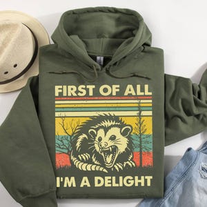First Of All I'm A Delight Sarcastic Hoodie, Funny Opossum Hoodie, Angry Opossum Lover Hoodie, Cute Gift for Opossum Lovers,Sarcasm Hoodie,
