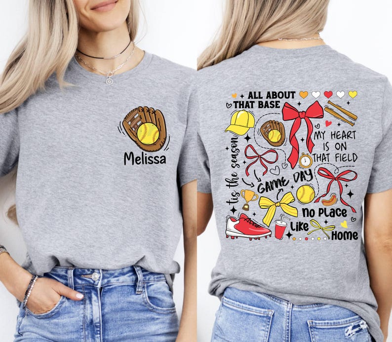 May include: Gray t-shirt with a softball design on the front and a colorful softball design on the back. The back design includes the text "All About That Base", "Game Day", "My Heart Is On That Field", "No Place Like Home", and "Tis The Season".