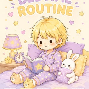 Può includere: Illustrazione di un bambino in pigiama che legge un libro con una stella sulla copertina. L'immagine ha un tema della buonanotte con le parole "BEDTIME ROUTINE" in alto. Un coniglietto, una sveglia e una lampada sono visibili. Colori pastello.