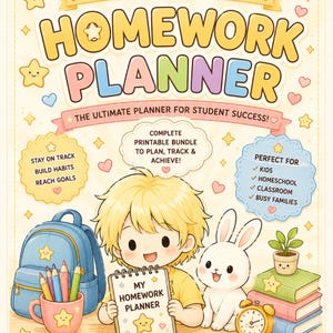 Planificador de tareas Kawaii imprimible para niños/ Planificador de estudio en PDF/ Rastreador semanal de tareas para la educación en casa/ Carpeta de rutina escolar/ Descarga instantánea