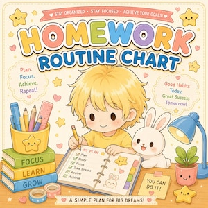 Tabla de rutina de tareas para niños (imprimible) / Planificador de estudio Kawaii / Registro diario de tareas / Registro de lectura / Tabla de recompensas / Descarga instantánea en PDF