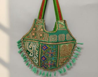 Embroidered Boho Tote Bag With Tassels Handmade Fabric Purse