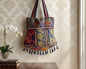 Embroidered Boho Tote Bag With Tassels Handmade Fabric Purse