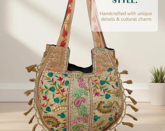 Embroidered Boho Tote Bag With Tassels Handmade Fabric Purse