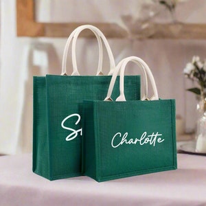 Personalized Green Bridesmaid Gift Bags, Wedding Bridal Party Bags, Bridesmaid Tote Bag, Custom Christmas Sacks Xmas Party Gift Bag