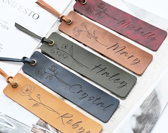 Personalized Leather Bookmark with Birth Flower & Name | Custom Engraved Book Mark Gift for Readers, Bridesmaids, Wedding, Birthday